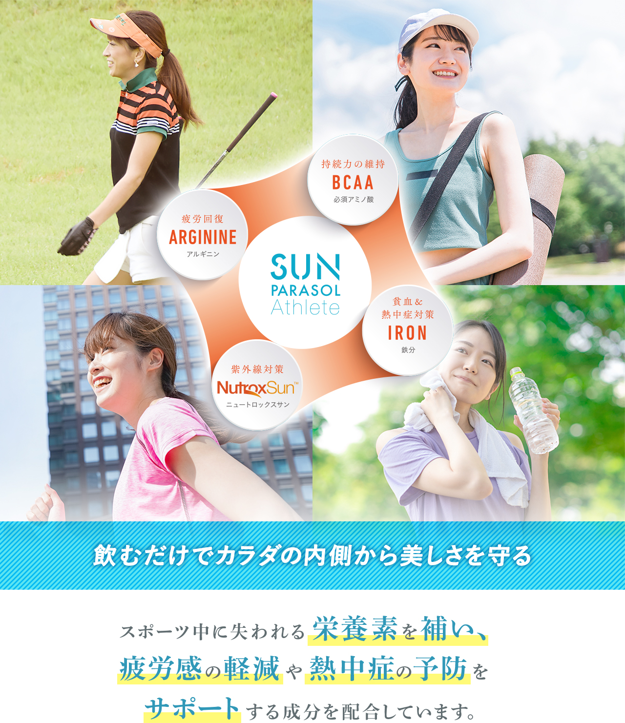 スポーツ中に失われる栄養素を補い疲労感の軽減や熱中症の予防をサポートする成分を配合しています。